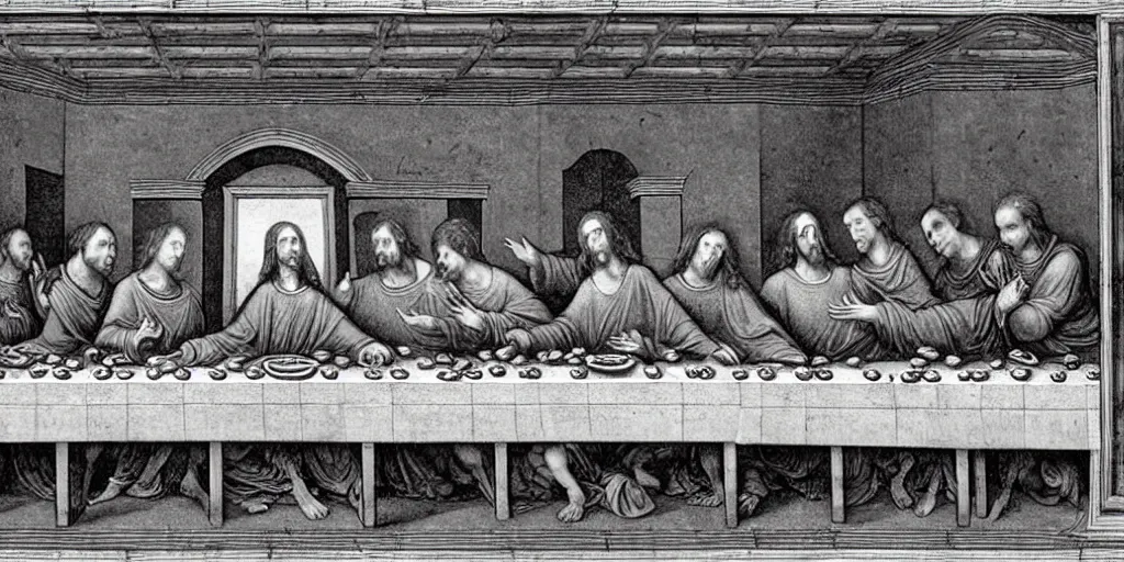 Image similar to the last supper, in the style of Dante’s inferno,