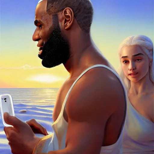 Prompt: beautiful serene intricate portrait of daenerys targaryen and lebron james taking a selfie, smiling softly, relaxing on the beach, golden hour, soft focus, 8 k, art by irakli nadar, hyperrealism, hyperdetailed, ultra realistic