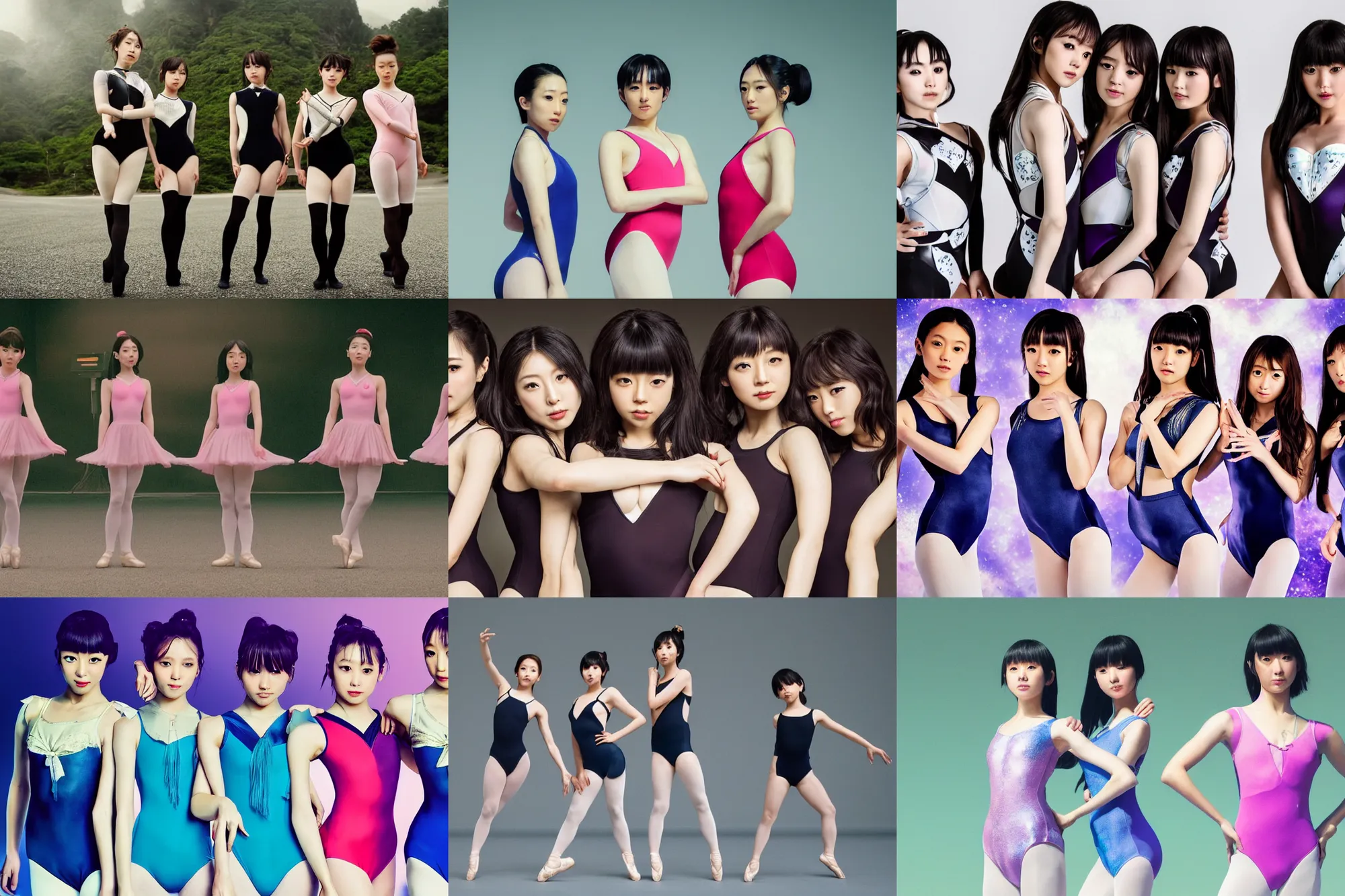 Prompt: unbelievably beautiful, perfect, dynamic, epic, cinematic 8 k hd movie shot, three japanese beautiful cute young j - pop idols actresses girls, posing together in leotards. motion, vfx, inspirational arthouse, high budget, hollywood style, at behance, at netflix, with instagram filters, photoshop, adobe lightroom, adobe after effects, taken with polaroid kodak portra