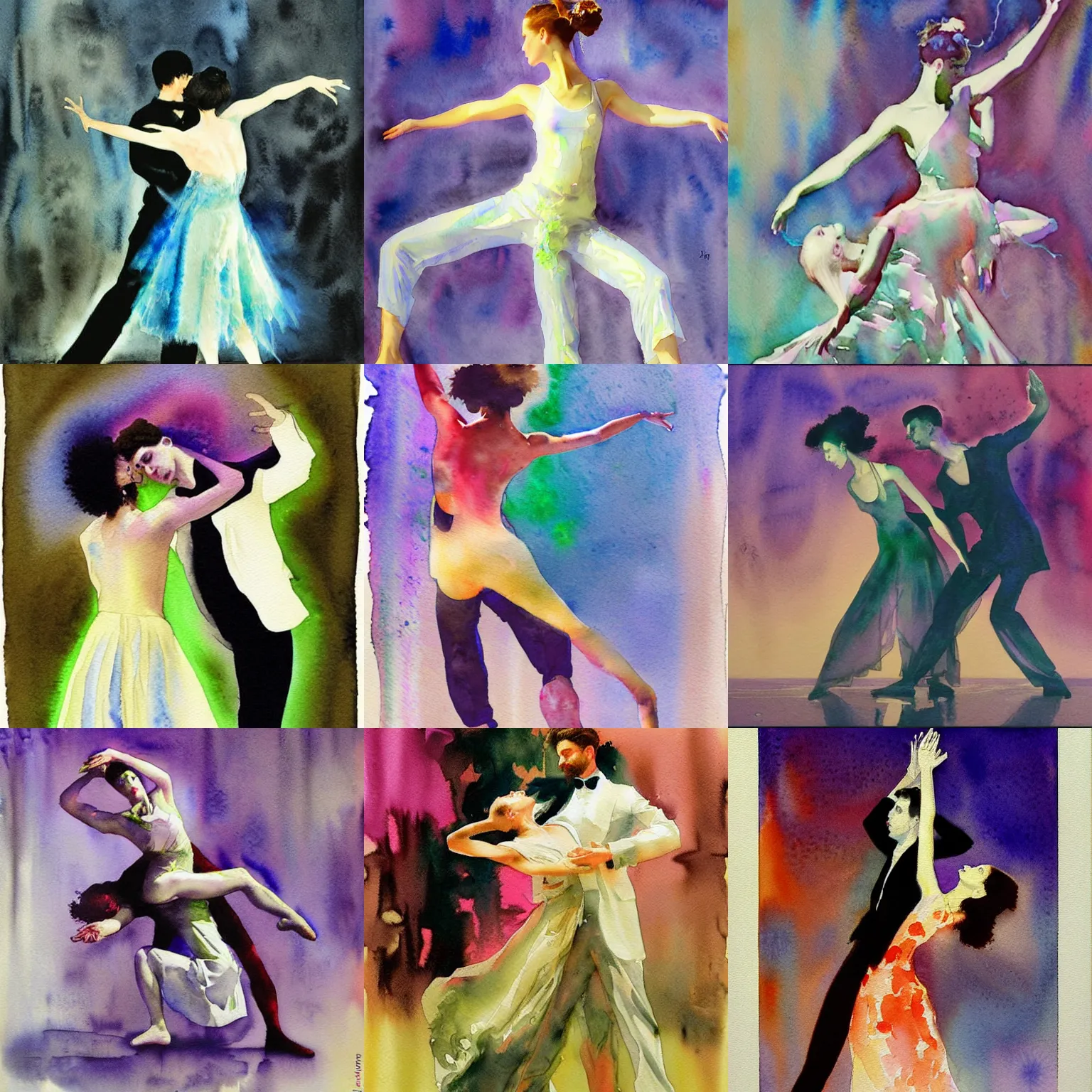 Prompt: modern dance, intricate vaporwave watercolor painting by john singer sargent