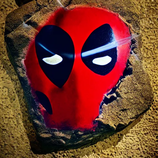 Prompt: caveman painting of deadpool, photography, rock, art,