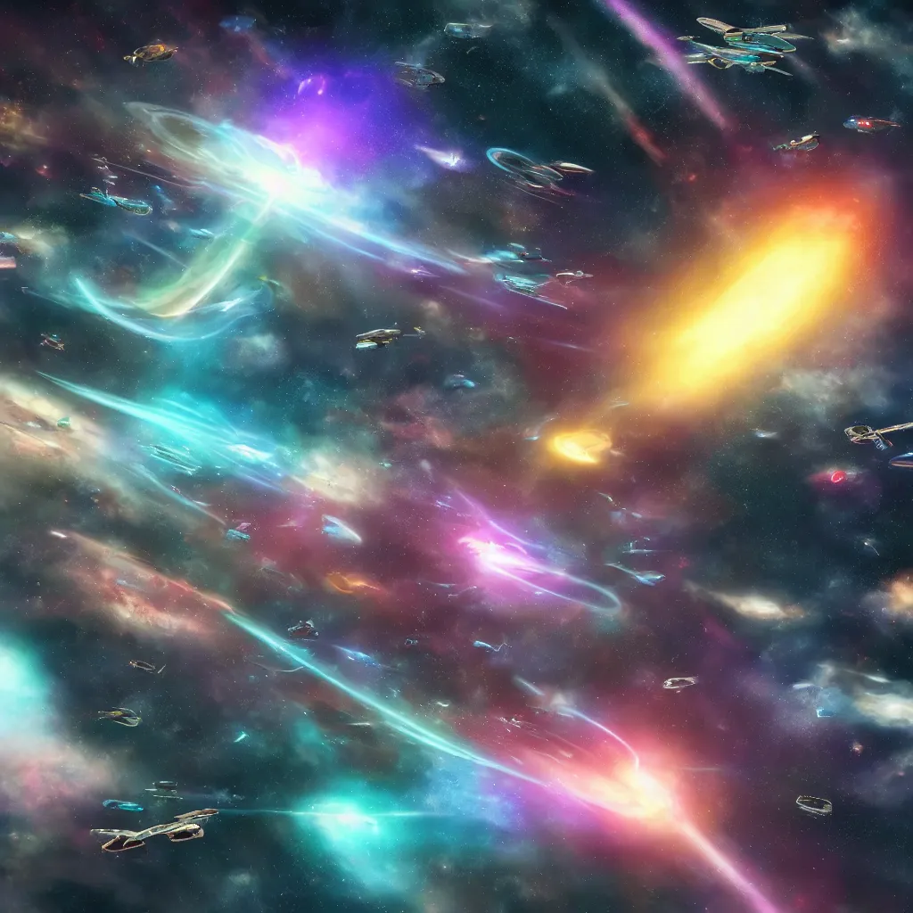 Image similar to galactic space fleet flying into a warp portal, 8 k resolution