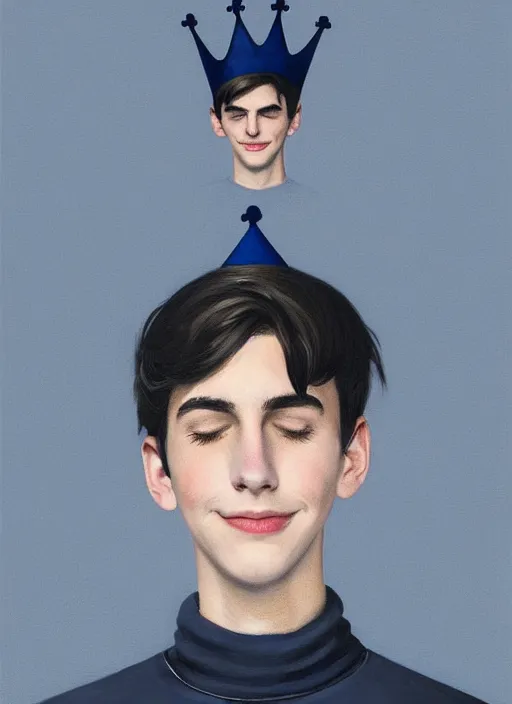 Image similar to portrait of teenage jughead jones wearing a light grey crown, crown, blue turtleneck, closed eyes, eyes closed, smile, crown, black hair, intricate, elegant, glowing lights, warm lighting, highly detailed, digital painting, artstation, concept art, smooth, sharp focus, illustration, art by wlop, mars ravelo and greg rutkowski