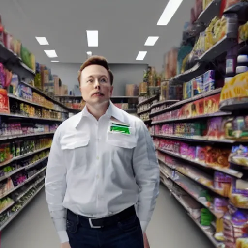 Prompt: Elon Musk manning a 7/11 cashier and wearing their uniform, macro, wide shot, dramatic lighting, octane render, hyperrealistic, HD