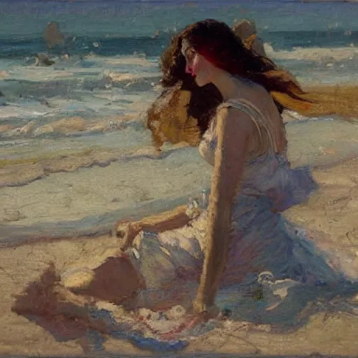 Prompt: woman on the beach, dean cornwell style,