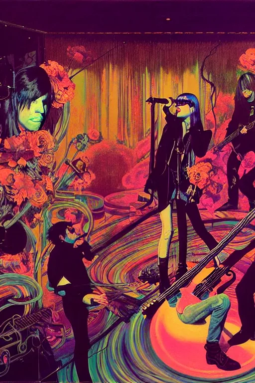 Image similar to the velvet underground and nico playing live on stage at a night club, beautiful stage decoration with flowers in the background, painting by james jean and syd mead and gaston bussiere, very detailed and colorful and toned down and ornamental and moody and cool and relaxed and high on drugs, trending on artstation, behance contest winner