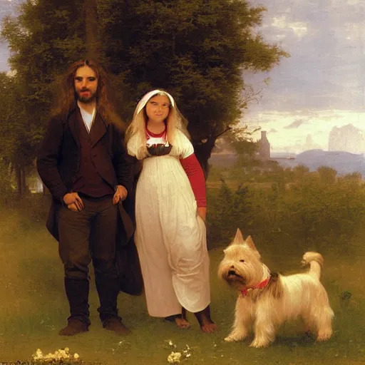 Prompt: happy family of wife and husband with a teen daugther, the girl is blond with long hair, on a meadow at sunset; they have a Yorkshire Terrier, painted by Bouguereau