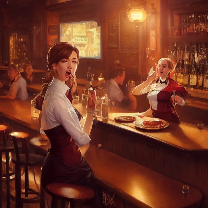 Image similar to a waitress singing on a table in a bar, elegant, real life skin, intricate artwork, high detailed, artstation, concept art, smooth, sharp focus, art by artgerm and greg rutkowski