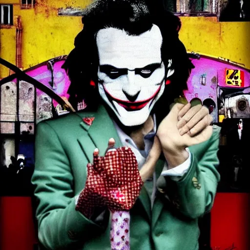 Image similar to mimmo rottela and banksy as joaquin phoenix skinny joker holding hand lady gaga harley queen, extreme photorealistic, intricate details, pop art style, concept art, details object, random object movement, 3 colors, 4 k, 4 d, smooth, sharp focus