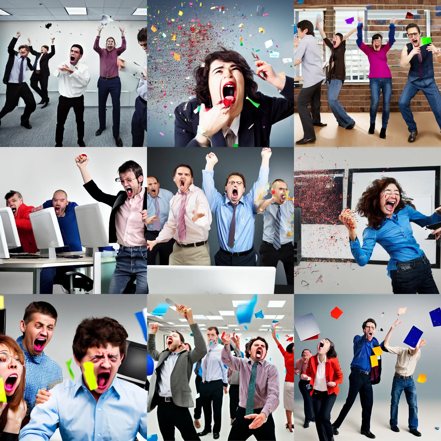 Prompt: unhappy advertising people throwing computers, screaming yelling, smashing things in their open space office. high resolution color magazine candid photograph.