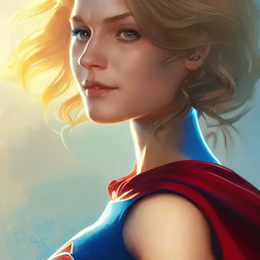 Image similar to Portrait of Supergirl, DC Super Hero Girls, blue eyes, intricate, elegant, highly detailed, digital painting, artstation, concept art, smooth, sharp focus, illustration, art by artgerm and greg rutkowski and alphonse mucha