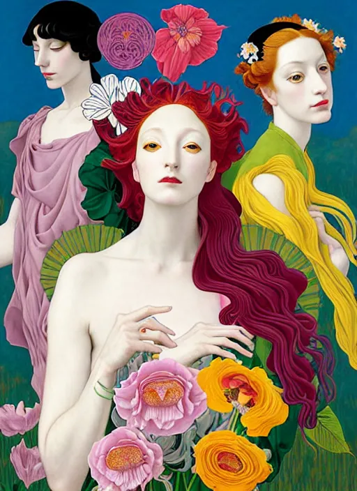 Image similar to 3 Spring Muses symbolically representing March, April, and May, in a style blending Æon Flux, Peter Chung, Shepard Fairey, Botticelli, Ivan Bolivian, and John Singer Sargent, inspired by pre-raphaelite paintings, shoujo manga, and cool Japanese street fashion, dramatically blossoming flora and fauna, petals falling everywhere, pastel vivid triad colors, hyper detailed, super fine inking lines, ethereal and otherworldly, 4K extremely photorealistic, Arnold render