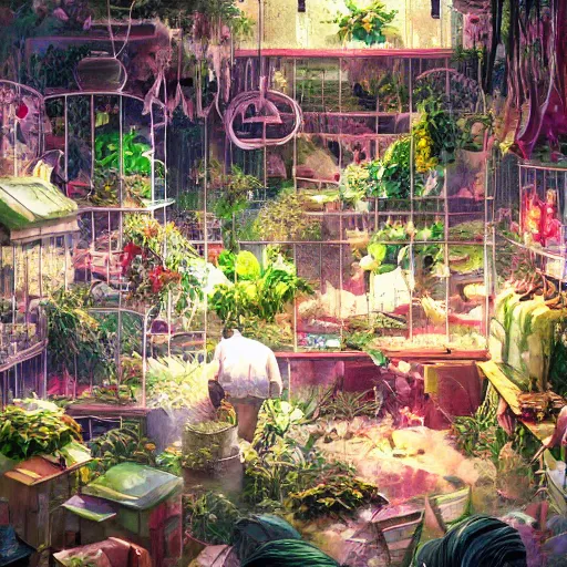 Image similar to messy cozy store with cluttered hanging cages and bright aquariums, dense verdant foliage, dim painterly lighting, impasto, trending on pixiv