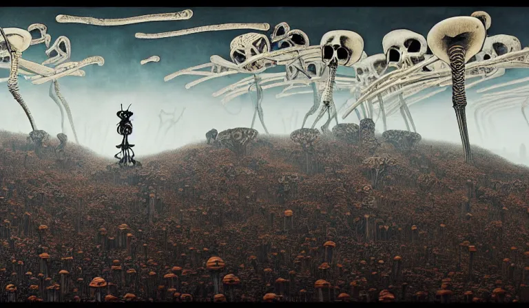 Image similar to still frame from Prometheus by Yves Tanguy and utagawa kuniyoshi, Vast hell plains with resurrecting ornate mycelium bone skeletons and skulls in style of Jakub rozalski and Simon Stalenhag with character designs by Neri Oxman, metal couture haute couture editorial