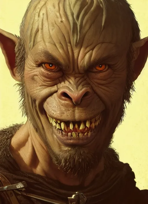 Image similar to highly detailed closeup portrait of an angry medieval goblin, stephen bliss, unreal engine, greg rutkowski, ilya kuvshinov, ross draws, hyung tae and frank frazetta, tom bagshaw, tom whalen, nicoletta ceccoli, mark ryden, earl norem, global illumination, god rays, detailed and intricate environment