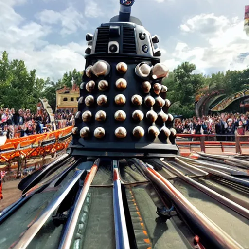 Prompt: A photo of a Dalek on a rollercoaster