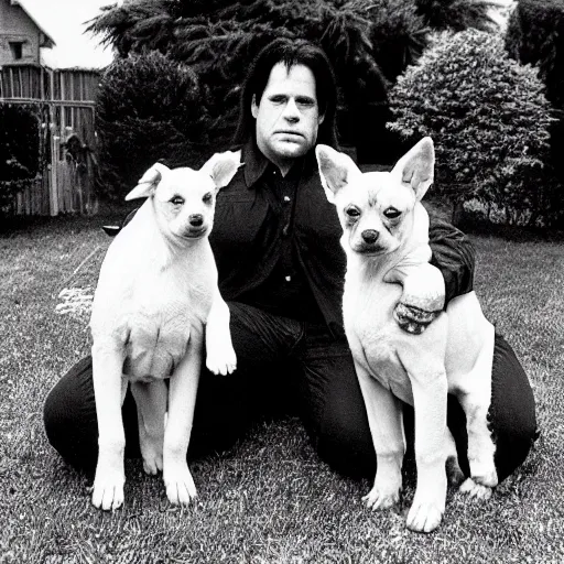 Image similar to glenn danzig stealing puppies from a backyard,
