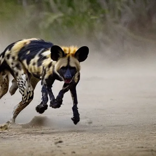 Prompt: african wild dog fighting an alligator on drugs