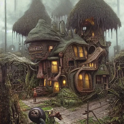 Image similar to a hyperrealistic painting of a steampunk cottage in the middle of an alien jungle, by john kenn mortensen and zdzislaw beksinski, highly detailed, vivid color,