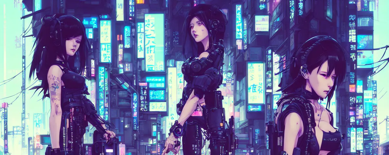 Prompt: hyper - realistic cyberpunk portrait of beautiful! anime woman standing on tokyo street, extreme detail, alluring, in style of yoji shinkawa, pan ren wei, col price, atey ghailan, by greg rutkowski, by greg tocchini, by james gilleard, by joe fenton, by kaethe butcher, grunge aesthetic