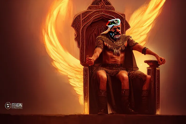 Prompt: arabian hasan - i sabbah old man on throne chair rising as a phenix + face of jack nicholson + epic wide scene, cinematic lighting, artgerm, artstation, deviantart, 8 k, high detailed