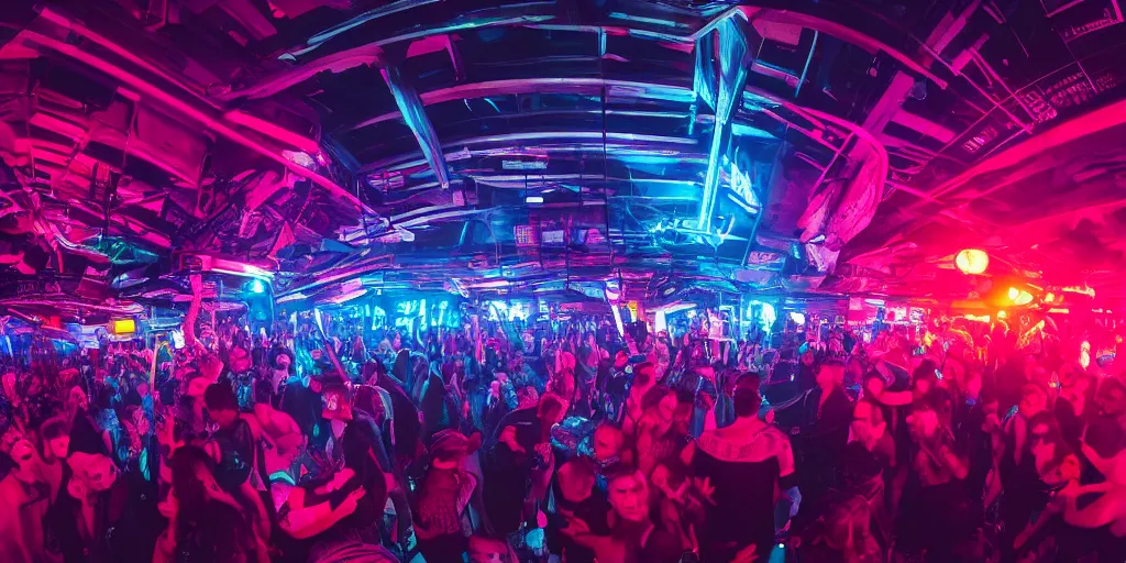 Prompt: a high quality wide angle photo inside the rave dance club of a futuristic cyberpunk city, dark, crowded, drinks, dancing, neon lights, realism, 8k