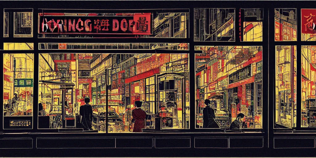 Image similar to through the window is a shop window in hong kong, by dan mumford and peter doig and edward hopper, minimal, black ink, thick lines, minimal highly detailed, muted colours, overlaid with chinese adverts, 8 k