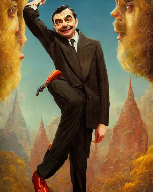 Image similar to vintage mr. bean movie poster by karol bak, james jean, tom bagshaw, rococo, sharp focus, trending on artstation, cinematic lighting, hyper realism, octane render, 8 k, hyper detailed.