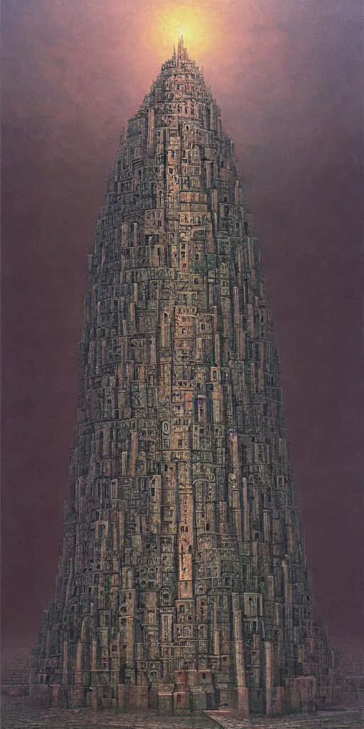 Image similar to tower of babel by tomek setowski, zdzislaw beksinski, surreal oil painting, dream like, highly detailed, symmetry, masterpiece