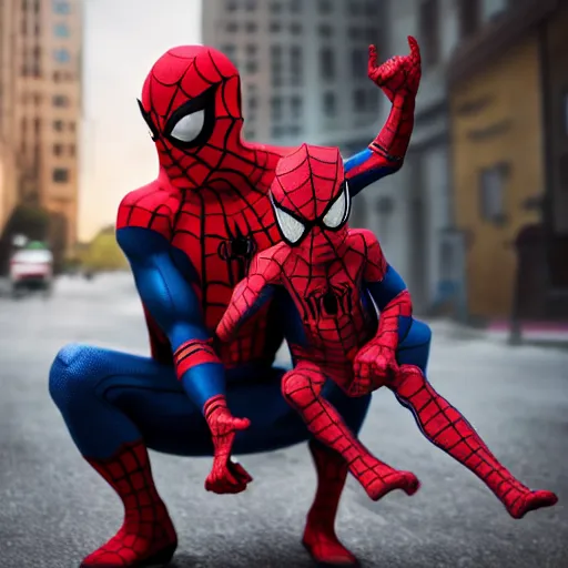 Image similar to spider - man abducting a child realistic 8 k professional photography, midday lighting, defiant, octane, volumetric lighting, 7 0 mm,