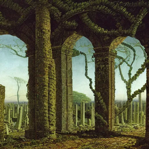 Image similar to a data center surrounded by ancient ruins and covered in vines, Caspar David Friedrich, oil painting