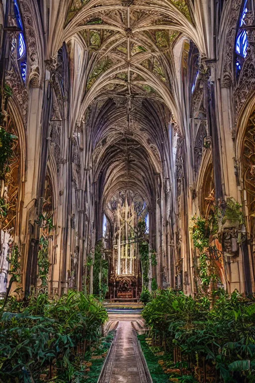 Image similar to photo inside a cathedral overgrown by lush plants, ornate highly detailed intricate