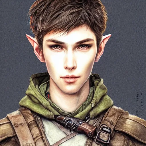 Image similar to portrait of an elf by ayami kojima, he is about 2 0 years old, russian, manly, short brown hair, slender and tall, friendly and smart, he is wearing a modern tactical gear, scifi, highly detailed portrait, digital painting, artstation, concept art, smooth, sharp foccus ilustration, artstation hq