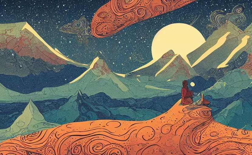 Prompt: mountains, stars and paisley filled sky, artstation, intricate, highly detailed, digital painting, concept art, sharp focus, illustration by Ivan Bilibin and James Gilleard