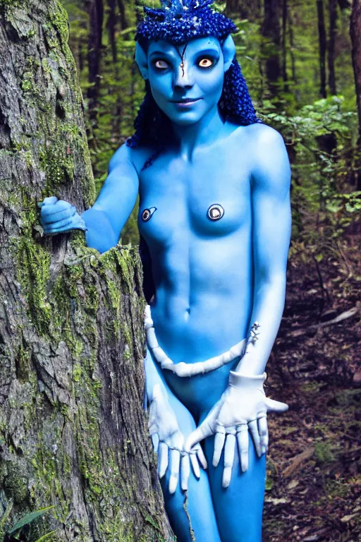 Image similar to a french woman dressed as a blue-skinned female navi from avatar standing in a forest, blue body paint, high resolution film still, 8k, HDR colors, cosplay, outdoor lighting, high resolution photograph, photo by bruce weber