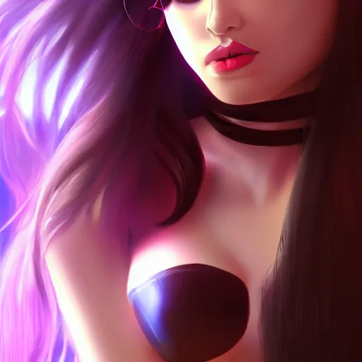 Prompt: portait of haifa wehbe, sensual good looking, long hair centred, hd, very detailed curve, unreal engine, sailor moon style, amazing background, rending artstation