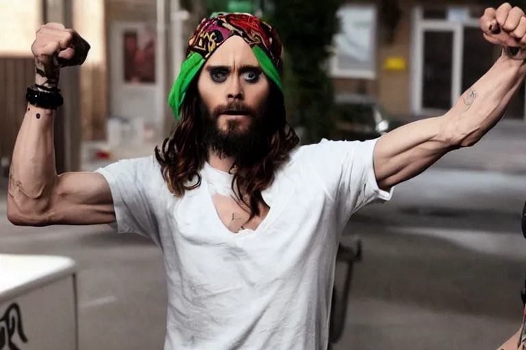 Image similar to medium full shot of jared leto as an exaggerated caricature of a white gang member wearing a black durag and a white tank top in the new movie directed by ice cube, movie still frame, arms covered in gang tattoo, promotional image, critically condemned, top 1 5 worst movie ever imdb list, public condemned, relentlessly detailed