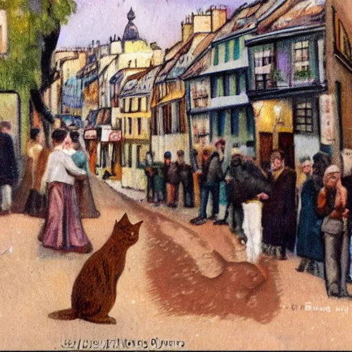 Prompt: the artists of montmartre paris, old postcard, ewan mcgregor is watching paintings carrying a brown cat with yellow eyes