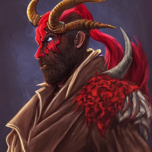 Prompt: dnd portrait of a travis scott as tiefling, male, red scales and red skin, a big black beard, completely golden eyes, 2 ram horns growing out of his forehead,