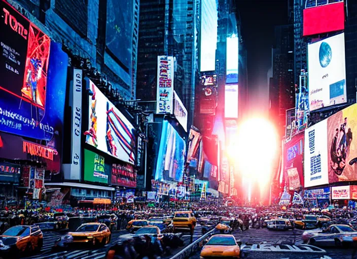 Image similar to film still of the moon shattering into pieces over time square in the new disaster movie, 8 k, night time