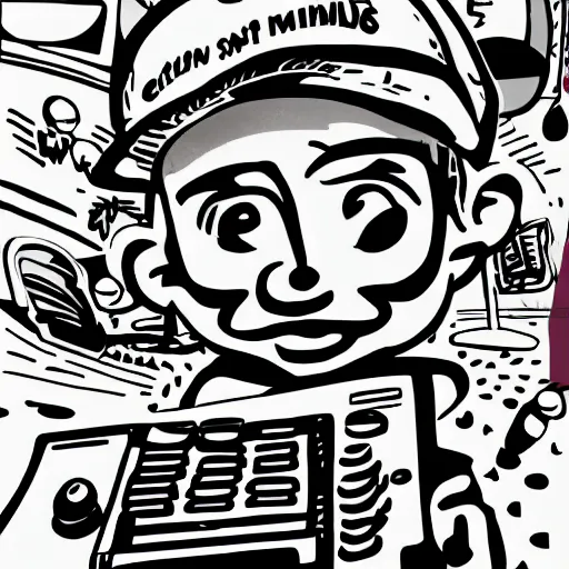 Image similar to cartoon line drawing illustration, in fine detail, of a kid wearing a baseball cap, playing a Korg MS-20 synthesizer, in the style of The Beano, sharpie, black and white, long shot, white background, marker pen, graffiti character, 90s cartoon, Dennis the menace, Calvin and hobbies