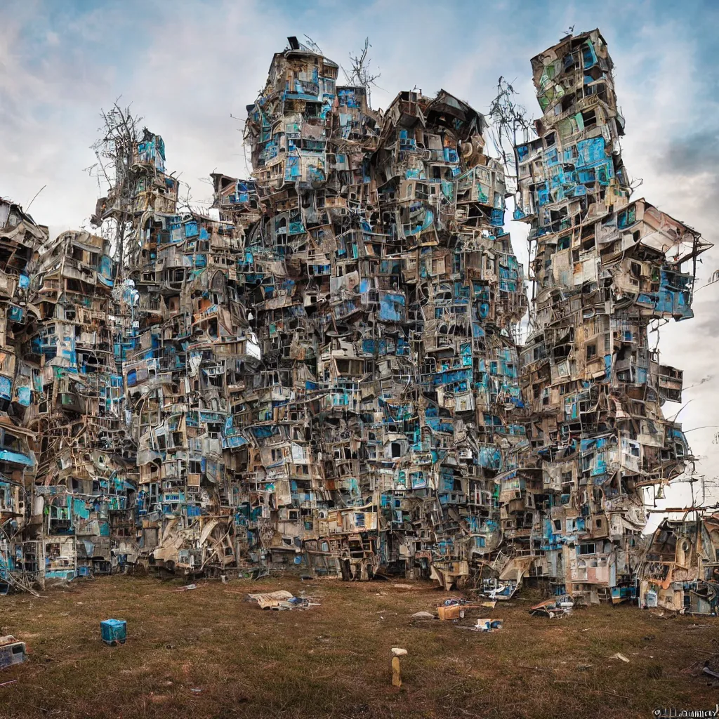 Image similar to a tower made up of makeshift squatter shacks, dystopia, sony a 7 r 3, f 1 1, fully frontal view, photographed by david lachapelle, ultra detailed,