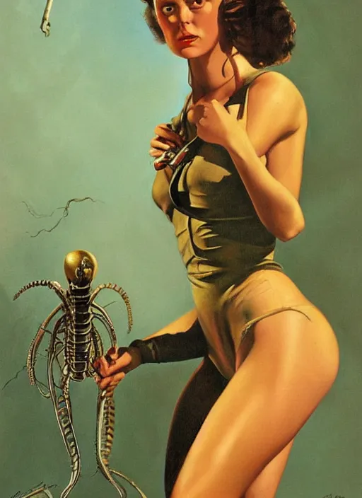 Image similar to 1940's oil painting of Ripley from Alien (1979) by Gil Elvgren, detailed