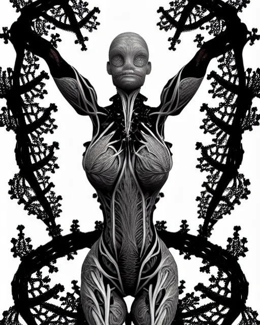 Image similar to a contrasted black and white 3D render of a beautiful female vegetal-dragon-cyborg, 150 mm, orchid stems, ivy, fine lace, Mandelbrot fractal, anatomical, flesh, facial muscles, microchip, veins, arteries, full frame, microscopic, elegant, highly detailed, flesh ornate, elegant, high fashion, rim light, octane render, 8K