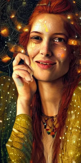 Prompt: a totally amazed smiling pretty woman surrounded by golden firefly lights in a mesmerizing scene, sitting amidst nature fully covered! intricate detailed bohemian outfit, long loose red hair, precise linework, accurate green eyes, small nose with freckles, beautiful smooth oval head, expressive emotions, hyper realistic ultrafine portrait by artemisia gentileschi, jessica rossier, greg rutkowski