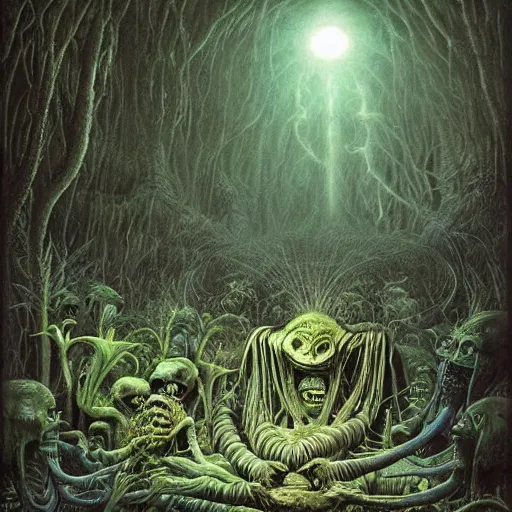 Image similar to a hyperrealistic painting of an alien god performing miracles in the middle of an alien jungle, bioluminescent plants, by john kenn mortensen and zdzislaw beksinski, highly detailed, vivid color,