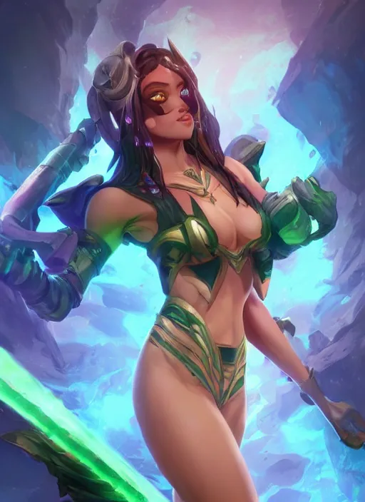 Image similar to senna from league of legends, au naturel, firing a giant weapon, with abs, brown skin, glowing green neon eyes, wearing white robe, digital art, trending in artstation, cinematic lighting, studio quality, smooth render, unreal engine 5 rendered, octane rendered, art style by klimt and nixeu and ian sprigger and wlop and krenz cushart