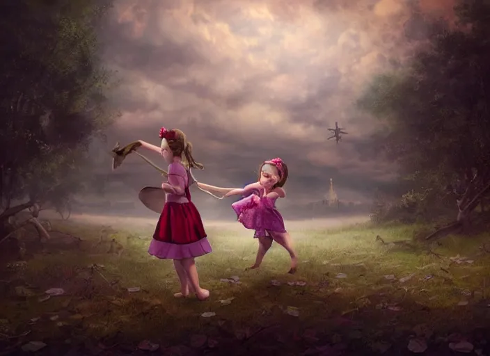 Image similar to a little girl with a cross fights off terrified demons, clear face and bright eyes. 8 k, matte painting, lowbrow in the style of lilia alvarado, mark ryden and martin johnson heade,