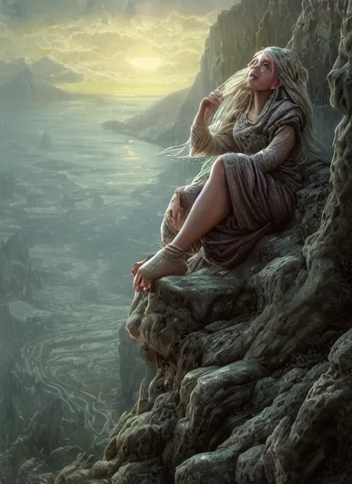 Image similar to A beautiful Norse Goddess with long flowing silver hair perched on a hilltop overlooking a village, fantasy, intricate, elegant, highly detailed, D&D, digital painting, artstation, concept art, matte painting, sharp focus, illustration, glowing light and shadow, atmospheric, shadowy, cinematic, in the style of Greg Rutkowski and artemisia gentileschi and Alphonse Mucha