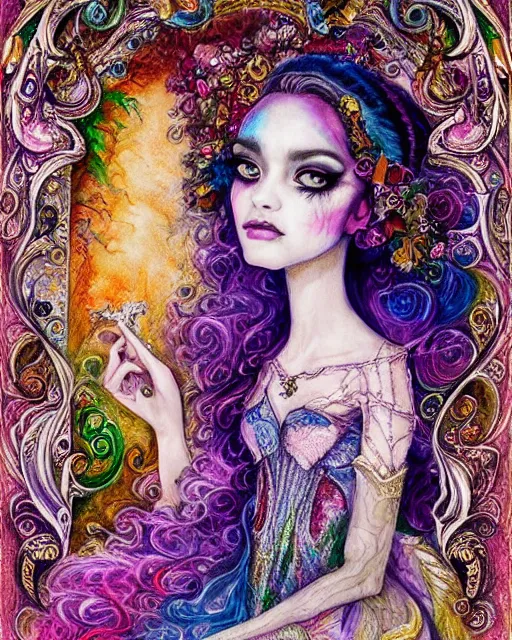 Prompt: josephine wall water colored pencils baroque bedazzled gothic royalty frames surrounding a pixelsort highly detailed portrait of a detailed pencil portrait with watercolor of a beautiful monster high doll, by sabrina eras, alice x. zhang, agnes cecile, blanca alvarez